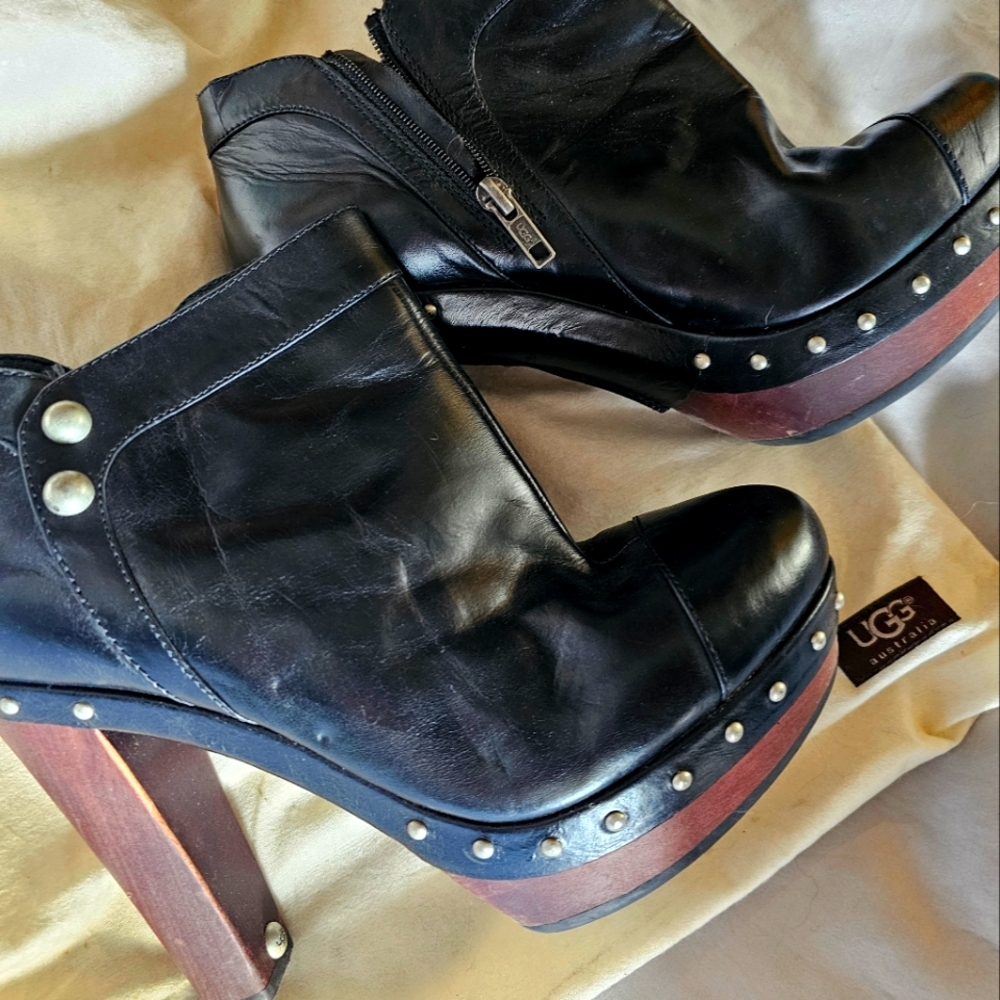 UGG Ambrogia Studded Black Leather Booties Sz. 10 Wood Heels EUC
